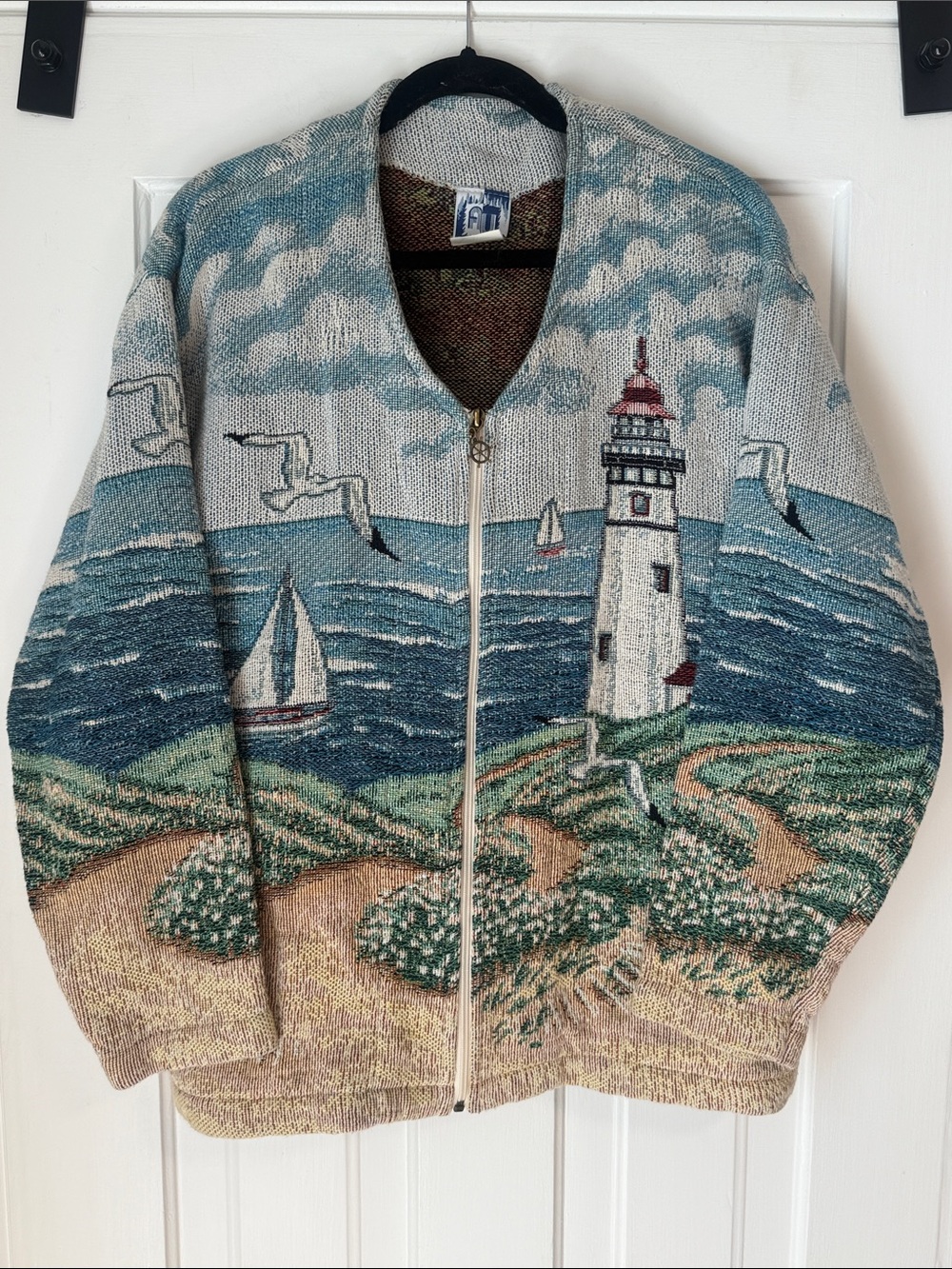 VINTAGE Coastal Lighthouse tapestry Zip-Front Sweater Jacket - Sea Blue & Cream